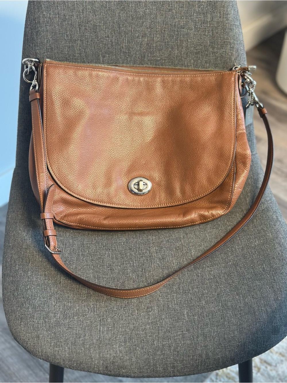 Coach Tan Pebbled Leather Turn-Lock Shoulder Bag